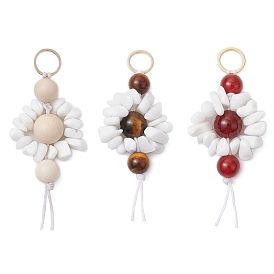 Flower Natural Gemstone & Glass Beaded Pendant Decorations, Brass Linking Rings Natural