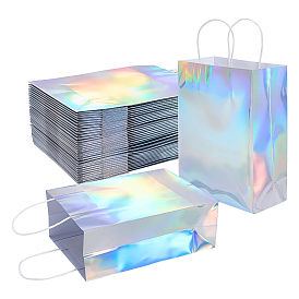 Holographic Laser Rectangle Paper Gift Bags with Handles, Shopping Tote Bags