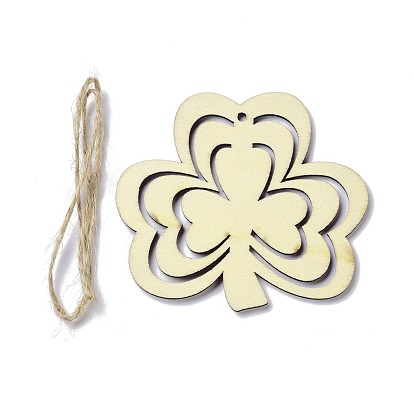 DIY Shamrock Unfinished Wooden Ornaments Blank Wooden Embellishments, with Hemp Rope, for Saint Patrick's Day Party Decorations