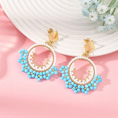 Dyed & Heated Natural Magnesite & Glass Beads Braided Dangle Earrings, Ring with Flower, 304 Stainless Stud Earrings, Golden