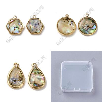 12pcs 3 styles pendentifs en résine de coquillage paua naturel, avec les accessoires en laiton, Breloques hexagonales, rondes plates et en forme de larme