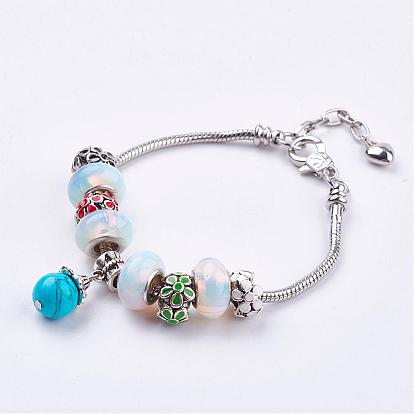 Perles de pierre gemme bracelets européens, avec des bracelets de style européen en laiton et des perles émail en alliage
