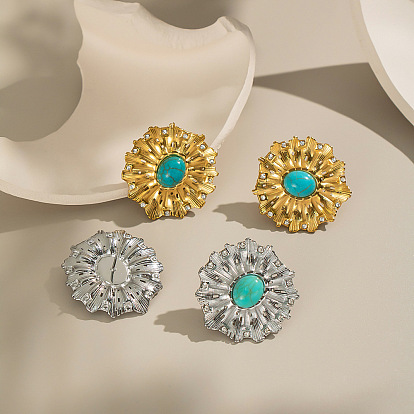 Серьги-гвоздики из нержавеющей стали с синтетической бирюзой в виде цветка