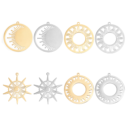 8Pcs 8 Style 201 Stainless Steel Pendants, Laser Cut, Mixed Shapes