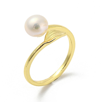 Brass Leaf Open Cuff Rings, with Natural Pearl