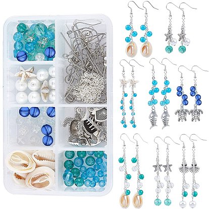 DIY-Sets zum Basteln von Ohrringen mit Ozeanmotiven, Dazu gehören Kaurimuschel & Glas & synthetische türkisfarbene Perlen, Aluminium Anhänger & Charms, Messingkabel & Ohrringhaken, Zubehör aus Eisen
