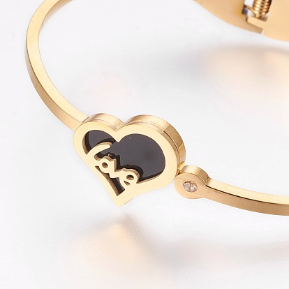 304 Stainless Steel Bangles, with Cubic Zirconia and Black Lip Shell, Heart with Word Love, For Valentine's Day