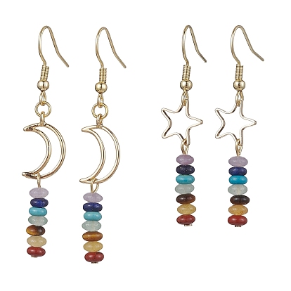 2 Pairs 2 Style Moon & Star 304 Stainless Steel Dangle Earrings Set, Natural & Synthetic Mixed Gemstone Beaded Drop Earrings