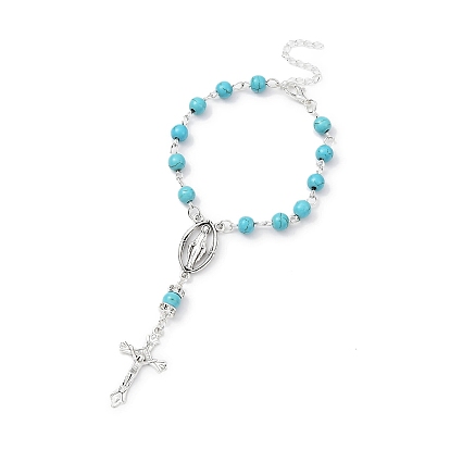 Alloy Cross Charm Bracelets, Synthetic Mixed Gemstone Rosary Beaded Style Bracelet