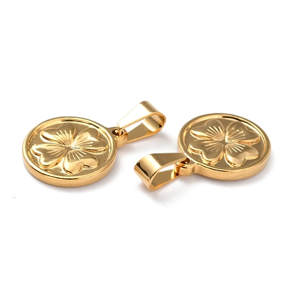 304 Stainless Steel Pendants, Flat Round with Clover