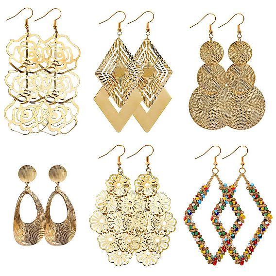 6пары 6 стильные серьги с большими ромбами, каплями и цветами для девочек и женщин, железные серьги с проволочной обмоткой