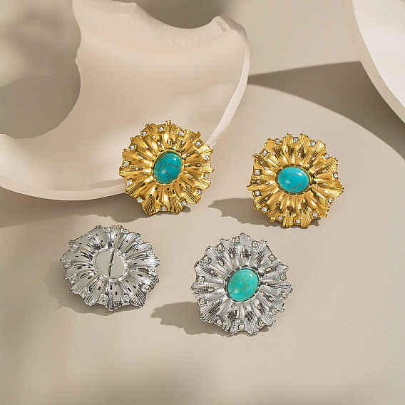 Серьги-гвоздики из нержавеющей стали с синтетической бирюзой в виде цветка