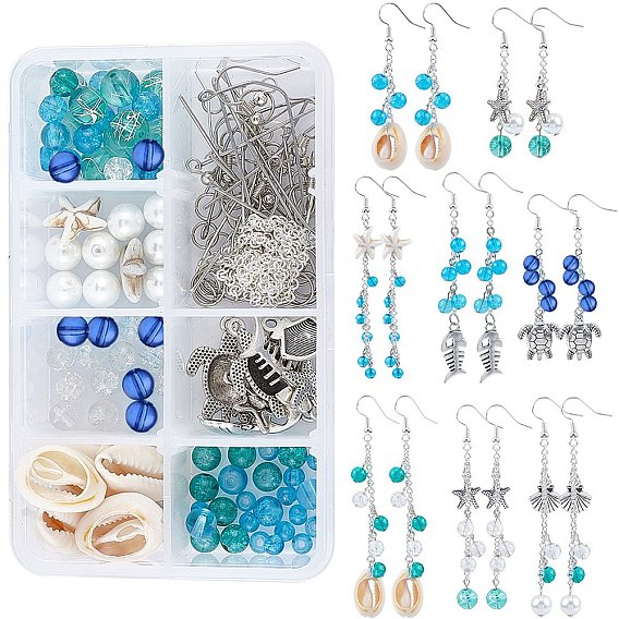 DIY Ocean Theme Earring Making Kits, include Cowrie Shell & Glass & Synthetical Turquoise Beads, Alloy Pendants, Brass Cable Chains & Earring Hooks, Iron Findings