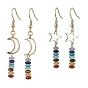 2 Pairs 2 Style Moon & Star 304 Stainless Steel Dangle Earrings Set, Natural & Synthetic Mixed Gemstone Beaded Drop Earrings