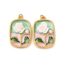 304 нержавеющей стальной эмали подвески, Прямоугольник с цветком, с жемчужиной из АБС-пластика и смолой и соединительным кольцом, ионное покрытие (ip)