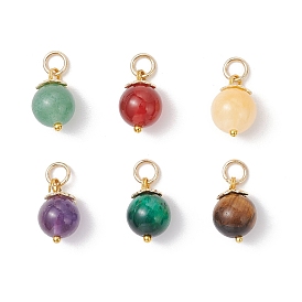 6 шт. натуральных крашеных круглых подвесок с зеленым тигровым глазом, зеленым авантюрином, сердоликом, желтым нефритом, аметистом и тигровым глазом, с 304 петлями из нержавеющей стали, золотые