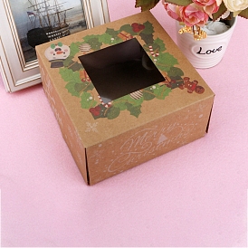 Rectangle Paper Bakery Bakery Boxes with Window, Christmas Theme Gift Box, for Mini Cake, Cupcake, Cookie Packing