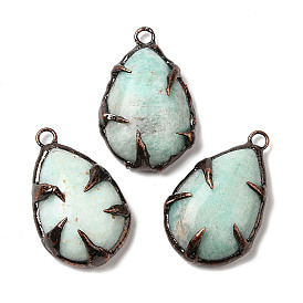 Natural Amazonite Pendants, Teardrop Charms, with Red Copper Plated Tin Findings
