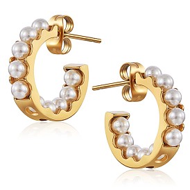 Shell Pearl C-shape Stud Earrings, 430 Stainless Steel Half Hoop Earrings for Women