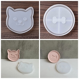 DIY Pet Theme Cat/Flat Round Shape Coaster Silicone Molds, Resin Casting Molds, for UV Resin, Epoxy Resin Craft Making