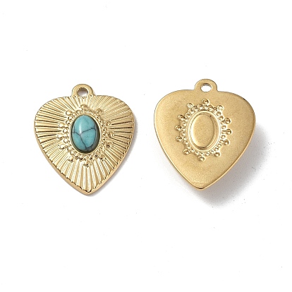 Vacuum Plating 201 Stainless Steel Natural Turquoise Pendants, Real 18K Gold Plated, Heart Charms