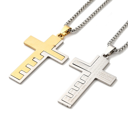 Cross with Word 304 Stainless Steel Pendant Necklace with Box Chains