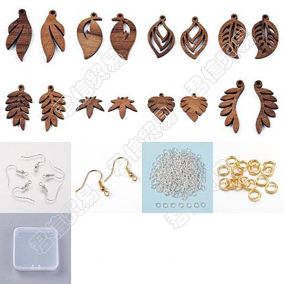 Kit de fabrication de boucles d'oreilles feuille de bricolage, y compris les pendentifs en bois de noyer naturel, crochets et anneaux de saut en laiton
