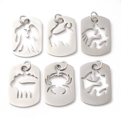 Hollow 304 Stainless Steel Pendants, with Jump Ring, Stainless Steel Color, Rectangle Charm