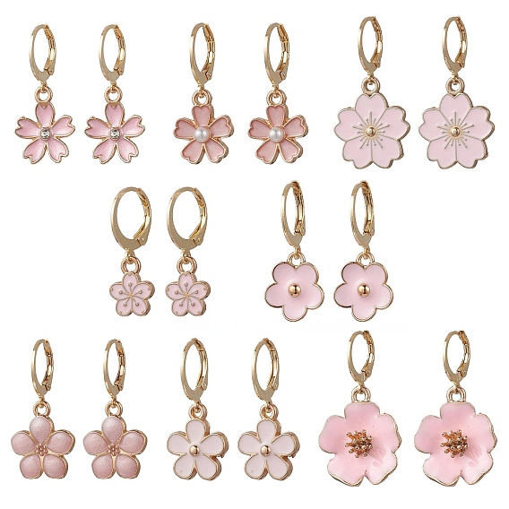 8 пары серег с застежкой-молнией в форме цветка из сплава и кристаллов горного хрусталя, с эмалью и 304 фурнитурой для сережек из нержавеющей стали