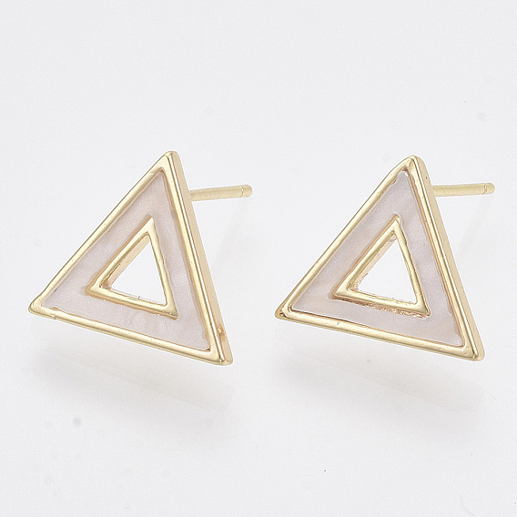 Brass Stud Earring Findings, with Shell and Loop, Nickel Free, Triangle, Creamy White