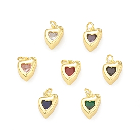 Rack Plating Brass Micro Pave Clear Cubic Zirconia Charms, with Jump Rings, Cadmium Free & Lead Free, Long-Lasting Plated, Asymmetrical Heart Charm, Real 18K Gold Plated