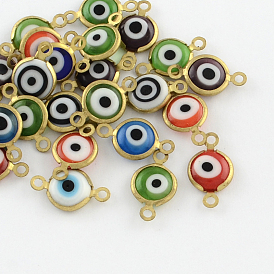 Flat Round Evil Eye Handmade Lampwork Links Connectors, with Golden Tone Brass Findings