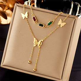 Fashion Colorful Diamond Double-layered Glossy Matte Butterfly Tassel Collarbone Chain High-end Versatile Necklace