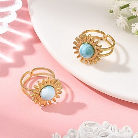 Natural Larimar Cabochons & Stainless Steel Cuff Open Rings, Sun, Golden