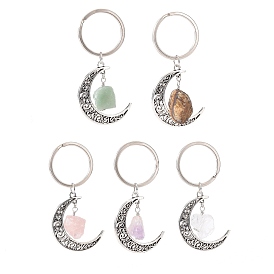 Alloy Hollow Moon Charm Keychains with Natural Gemstone Nuggets Charm, for Car Key Bag Accessories