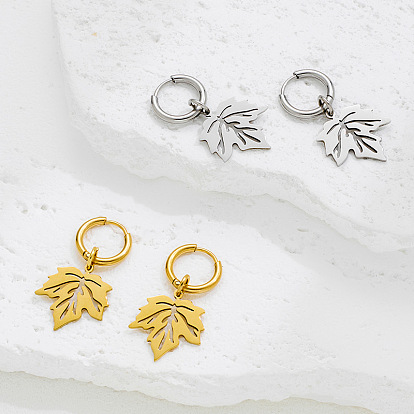 304 серьги-кольца из нержавеющей стали, кленового листа