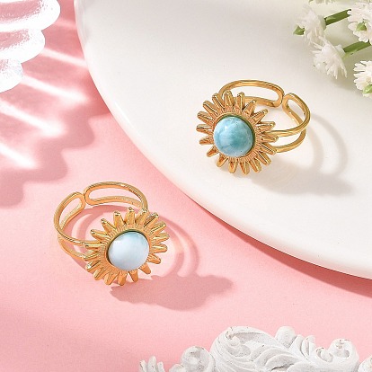 Natural Larimar Cabochons & Stainless Steel Cuff Open Rings, Sun, Golden