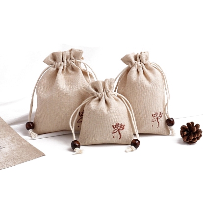 Flower Print Linen Drawstring Gift Bags for Packaging Sachets, Rings, Earrings, Rectangle