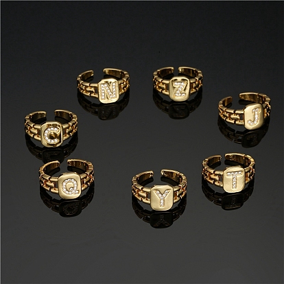 Brass Cubic Zirconia Cuff Rings for Women, with Letter Pattern