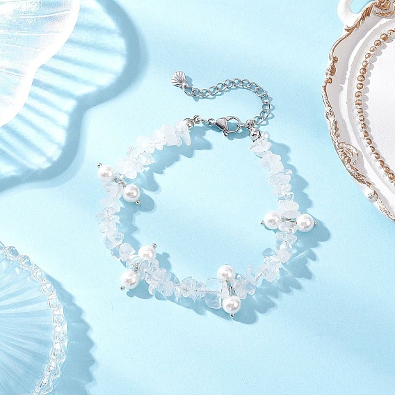 Браслеты из круглых бусин с натуральными драгоценными камнями и стеклянными ракушками, с 304 фурнитурой из нержавеющей стали