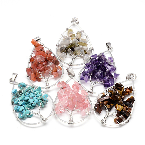 Brass Wire Wrapped Big Pendants, with Gemstone Chip Beads, Teardrop with Tree, Platinum