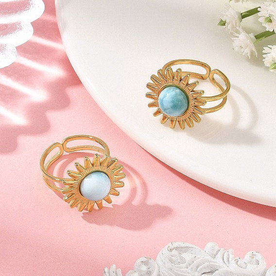 Natural Larimar Cabochons & Stainless Steel Cuff Open Rings, Sun, Golden