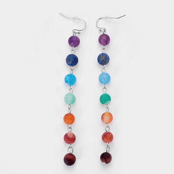 Natural Gemstone Beaded Chains Dangle Earrings, with Brass Findings, Platinum