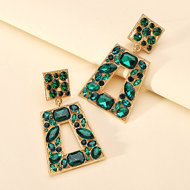 Exaggerated Trapezoid Alloy Hollow Out Crystal Earrings with Colorful Rhinestones - High-end Fashion Statement for Evening Parties
