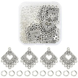 20Pcs Tibetan Style Alloy Chandelier Component Links, Rhombus & Heart, with 100Pcs Jump Rings