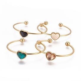 304 Stainless Steel Cuff Bangles, with Acrylic Rhinestone, Heart, Faceted