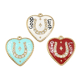 304 нержавеющей стальной эмали подвески, сердце с подковой и надписью «Удачи», со стразами, реальный 18 k позолоченный, вакуумные покрытия