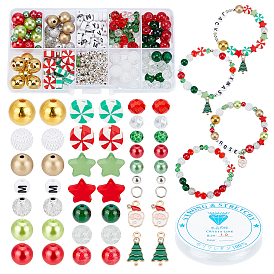 PandaHall Elite DIY Christmas Bracelet Making Kits, ABS Plastic & Imitation Pearl Acrylic & Glass Round Beads, Christmas Tree & Santa Claus Alloy Enamel Pendants