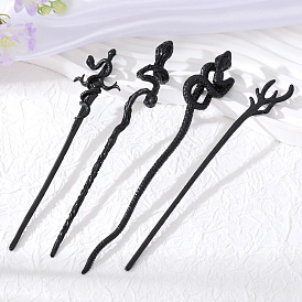 Retro Metal Hairpin with Black Antler, Punk Snake Shape Hair Accessory for Long Hairstyles