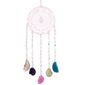 Natural Rose Quartz & Agate Window Hanging Pendant Decorations, with Leather Cord & Glass & Iron Ring, Woven Web/Net